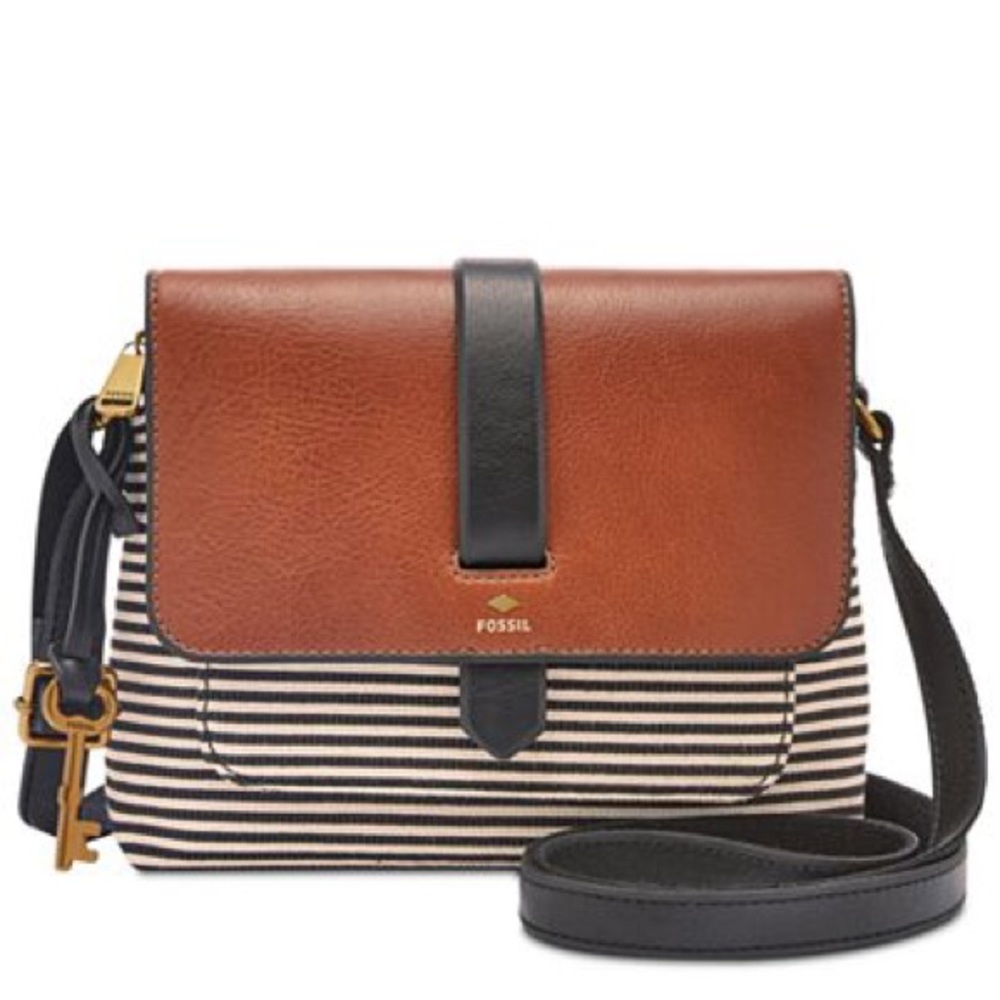FOSSIL Brown Leather Black/White stripe KINLEY Bag